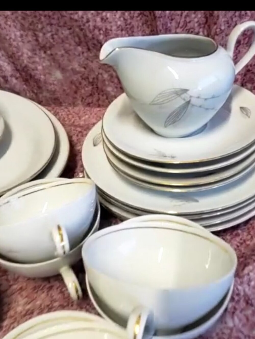 Vintage Crown Bavaria Germany Fine China 16 Pcs Tea Set Gray Sprig w/Silver Trim